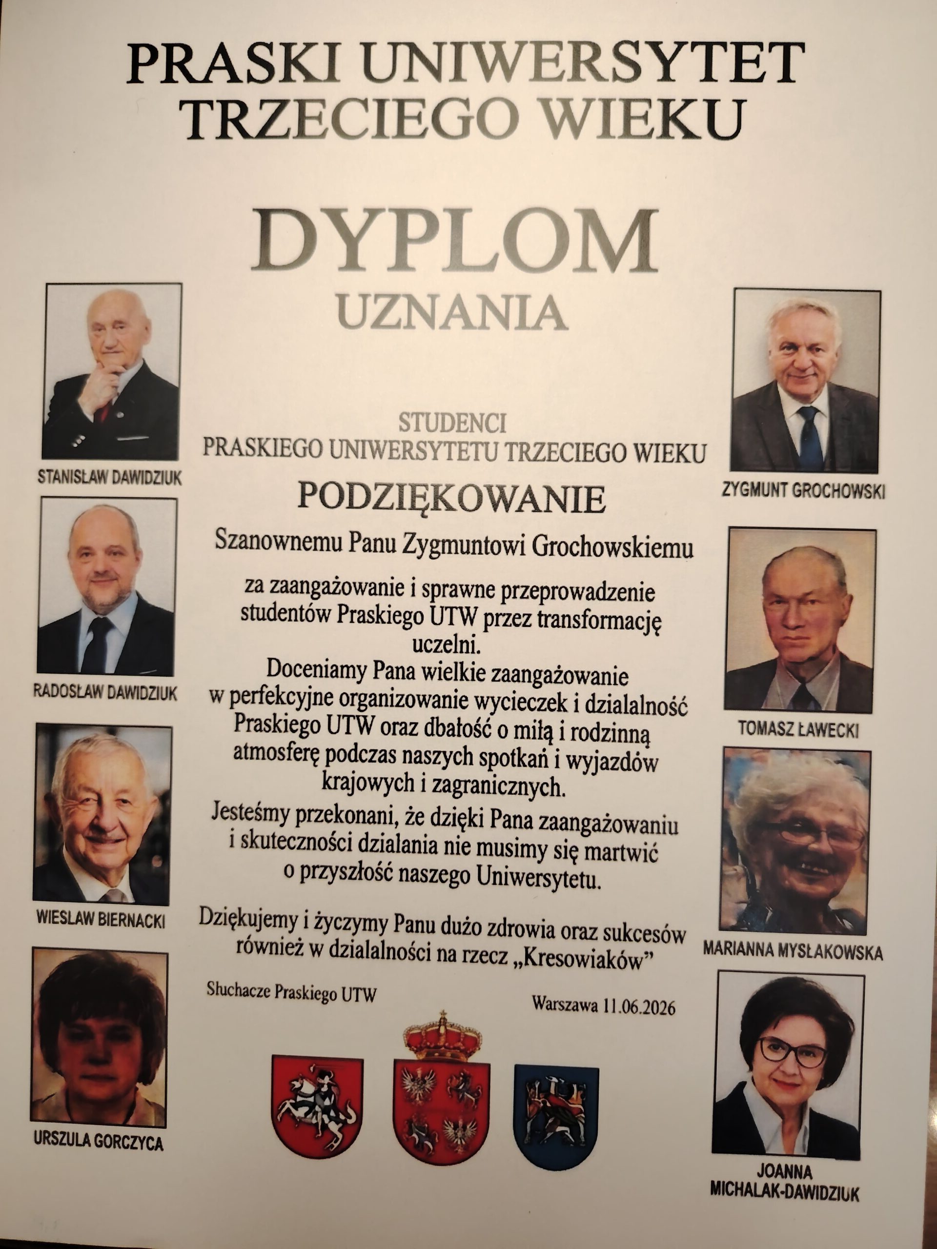 Dyplom podziękowania dla Zygmunta Grochowskiego – zdjęcie 1